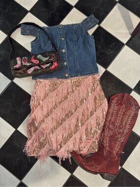 NWT SHEIN Pink Sequin Fringe Mini Wrap Skirt sz L
